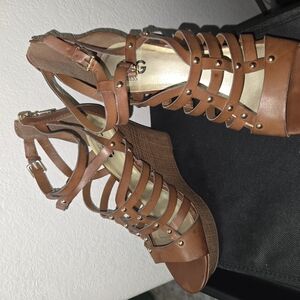 G by Guess Brown Leather Wedge Sandals